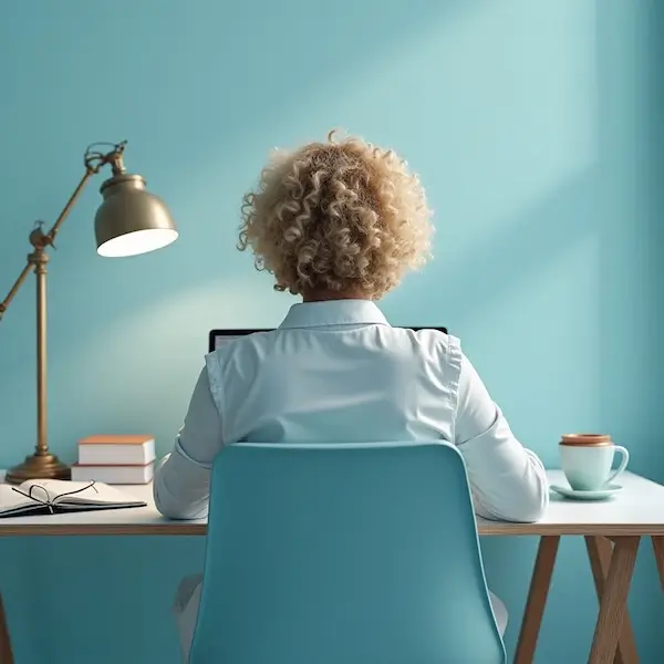 Una persona con cabello rubio rizado se sienta en un escritorio frente a una computadora portátil, con una lámpara, libros, un cuaderno y una taza sobre el escritorio, contra una pared azul claro.