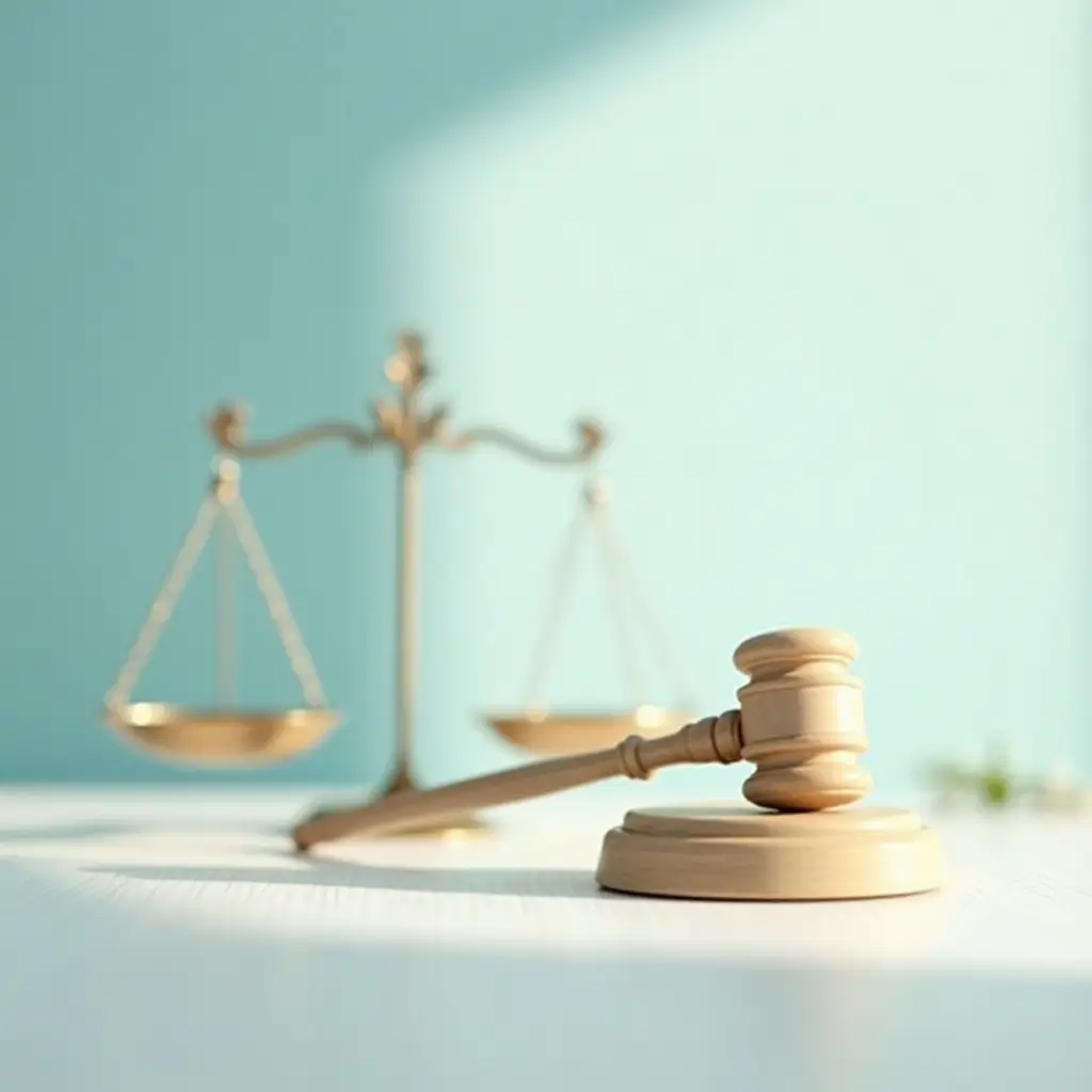 Un mazo de madera reposa sobre un bloque en primer plano, con una balanza de latón difuminada en el fondo, simbolizando la justicia y la ley.