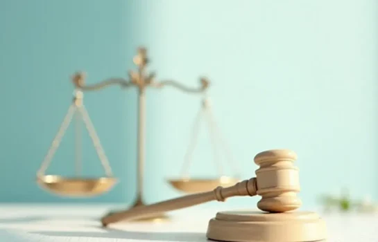 Un mazo de madera reposa sobre un bloque en primer plano, con una balanza de latón difuminada en el fondo, simbolizando la justicia y la ley.