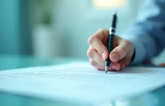 Una persona que sostiene un bolígrafo rellena o firma un documento sobre una mesa con tapa de cristal y un fondo borroso.