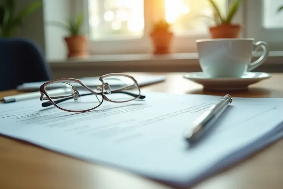 Un par de gafas, un bolígrafo y un documento descansan sobre un escritorio, con una taza y plantas en macetas al fondo junto a una ventana iluminada por el sol.