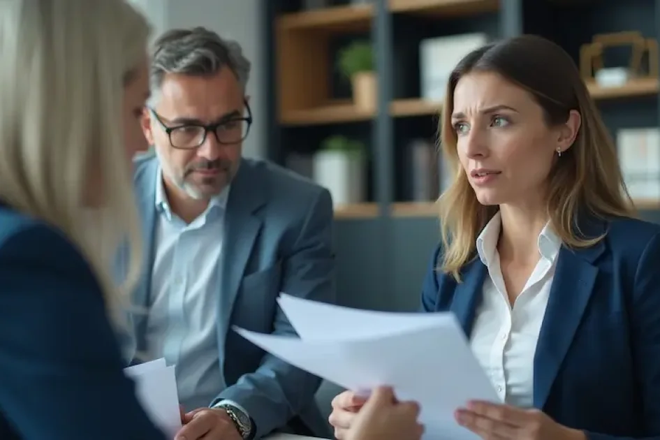 Tres profesionales vestidos de negocios se sientan en una mesa, revisan documentos y participan en una discusión seria en un entorno de oficina moderno.