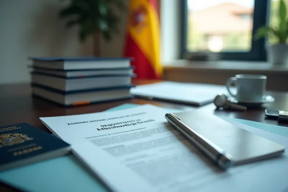Un escritorio con documentos oficiales, un bolígrafo, un pasaporte, una pila de libros, una taza de café y una bandera española de fondo.