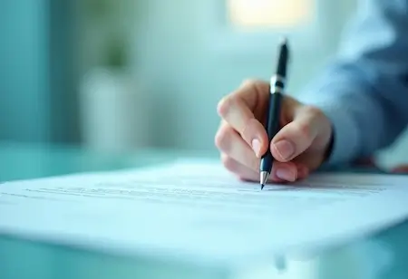 Una persona que sostiene un bolígrafo rellena o firma un documento sobre una mesa con tapa de cristal y un fondo borroso.