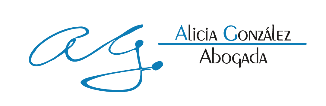 Logotipo con las iniciales "ag" en cursiva azul, y el texto "Alicia González Abogada" en letras negras y azules, separadas por una línea horizontal, ideal para la sección Inicio de su página web.