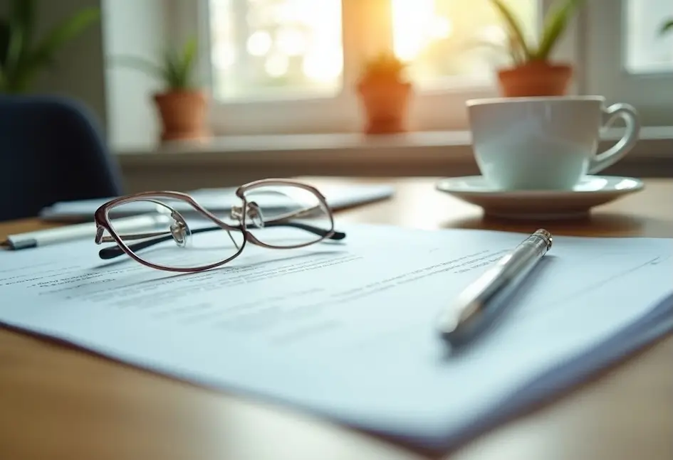 Un par de gafas, un bolígrafo y un documento descansan sobre un escritorio, con una taza y plantas en macetas al fondo junto a una ventana iluminada por el sol.