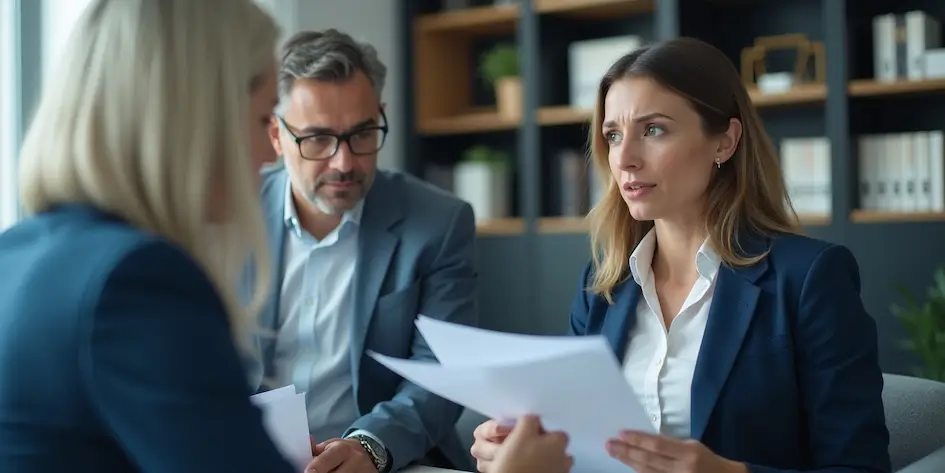 Tres profesionales vestidos de negocios se sientan en una mesa, revisan documentos y participan en una discusión seria en un entorno de oficina moderno.
