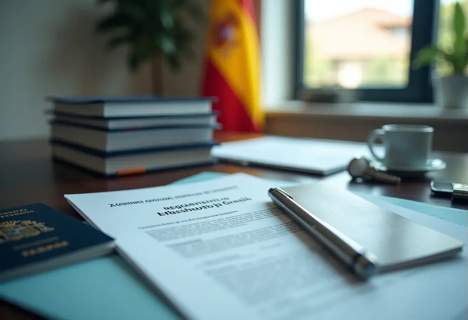 Un escritorio con documentos oficiales, un bolígrafo, un pasaporte, una pila de libros, una taza de café y una bandera española de fondo.