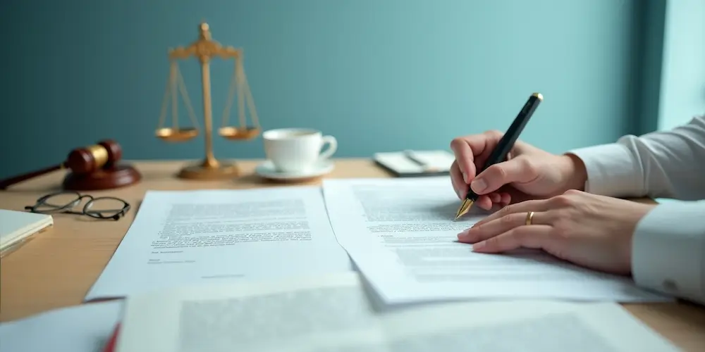 Persona firmando documentos en un escritorio con un mazo, una balanza de la justicia y una taza de café visible en el fondo.